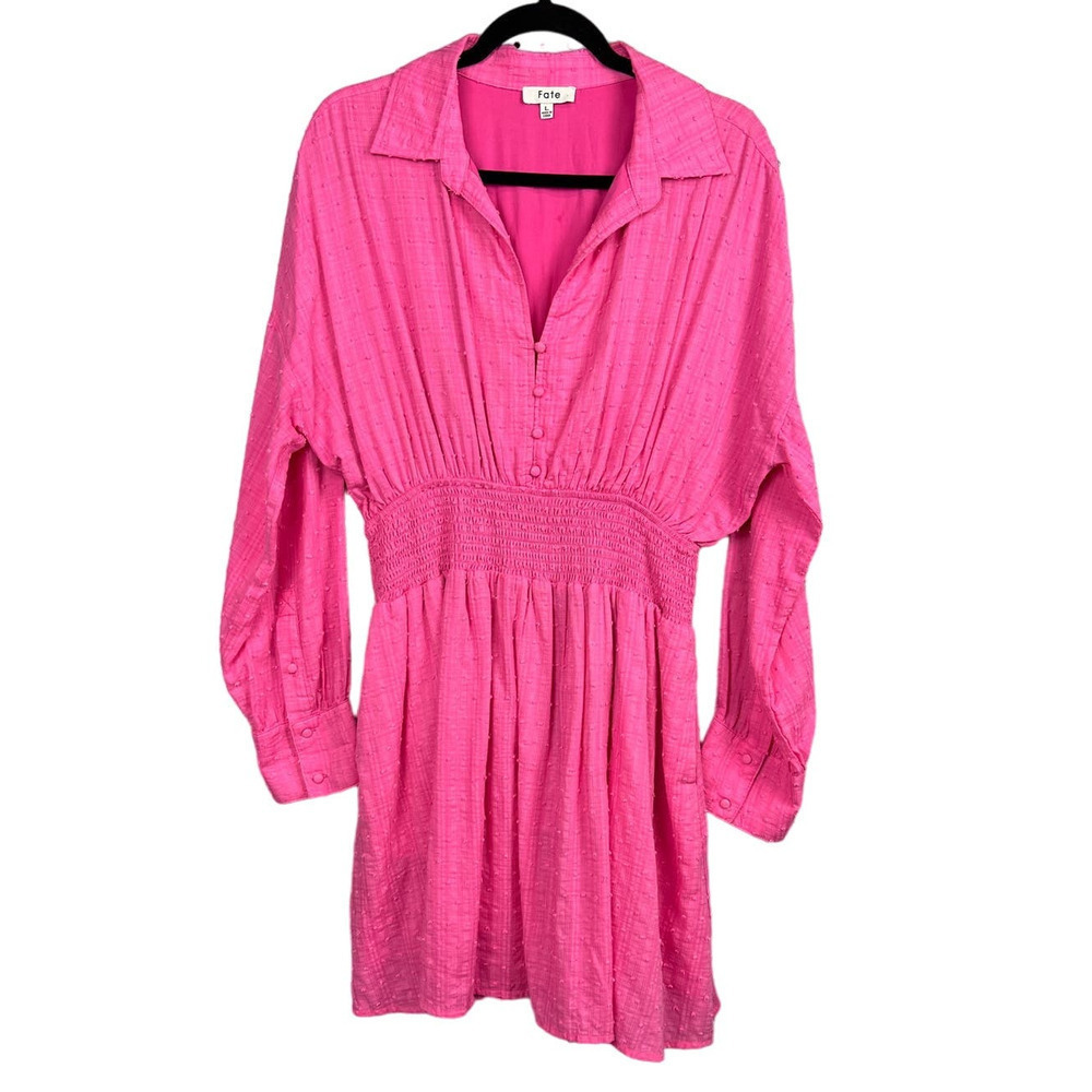 Fate Hot Pink Long Sleeve Smocked Waist Mini Dress Size L